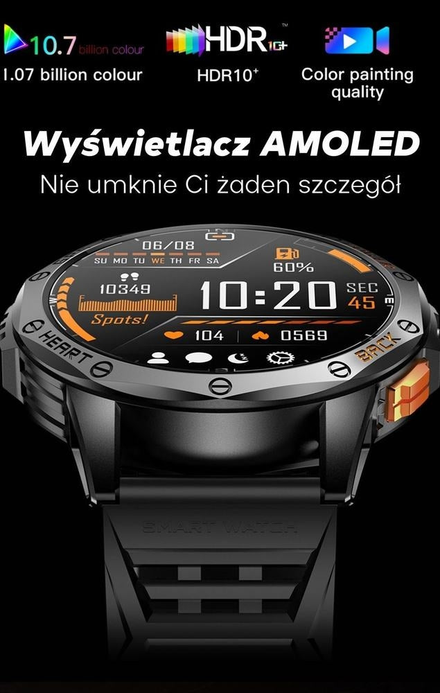 Smartwatch Męski GRAVITY GPS GT24-3 Czarny Pasek Silikonowy + Pomarańczowy Pasek Silikonowy