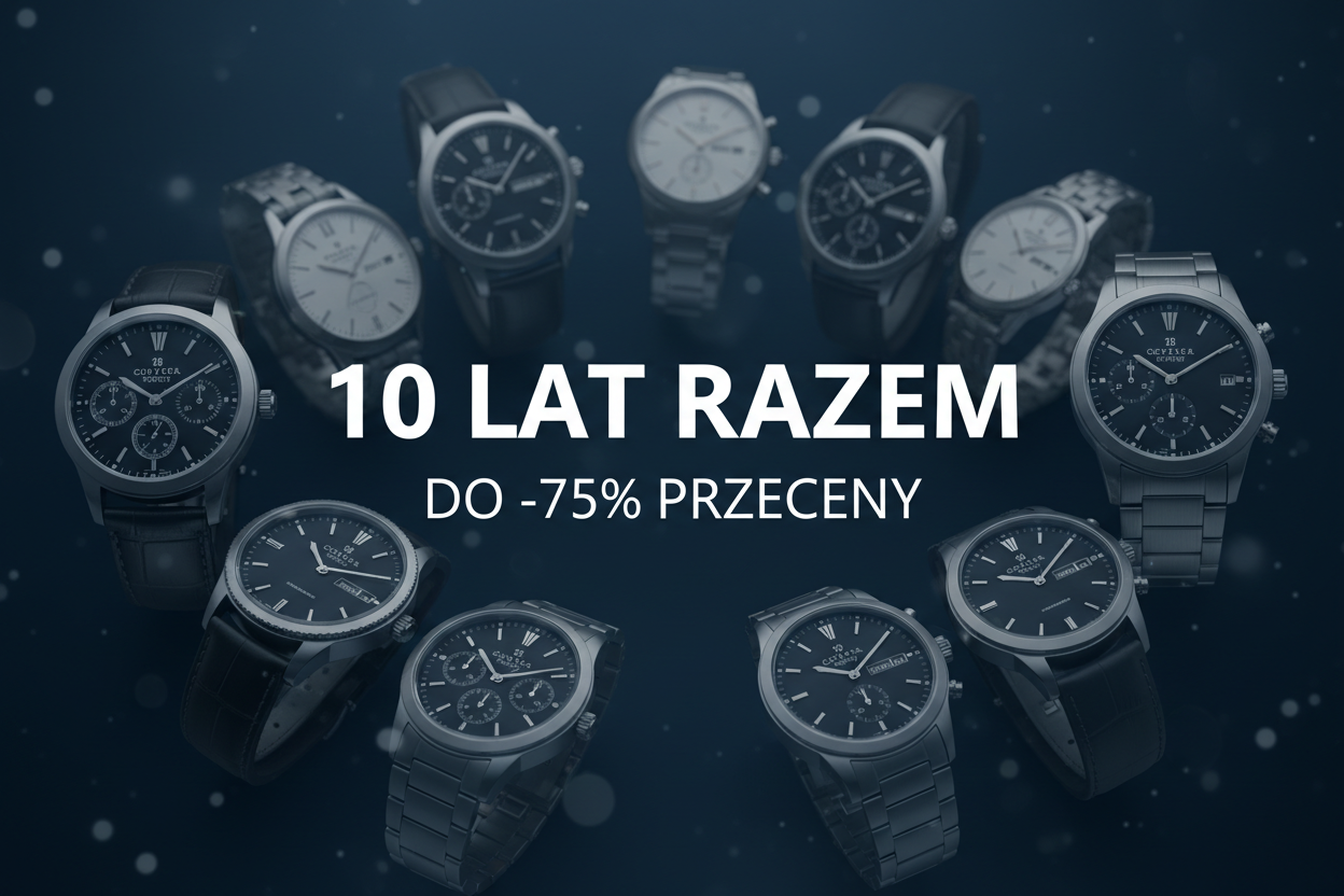 wygeneruj baner do shopify dla sklepu który sprzedaje zegarki na środku ma być napis 10 lat razem  do-75% przeceny napis ma być po środku tak żeby nie przycieło go  zrób ładny bez błędów  w tle mają być zegarki itp